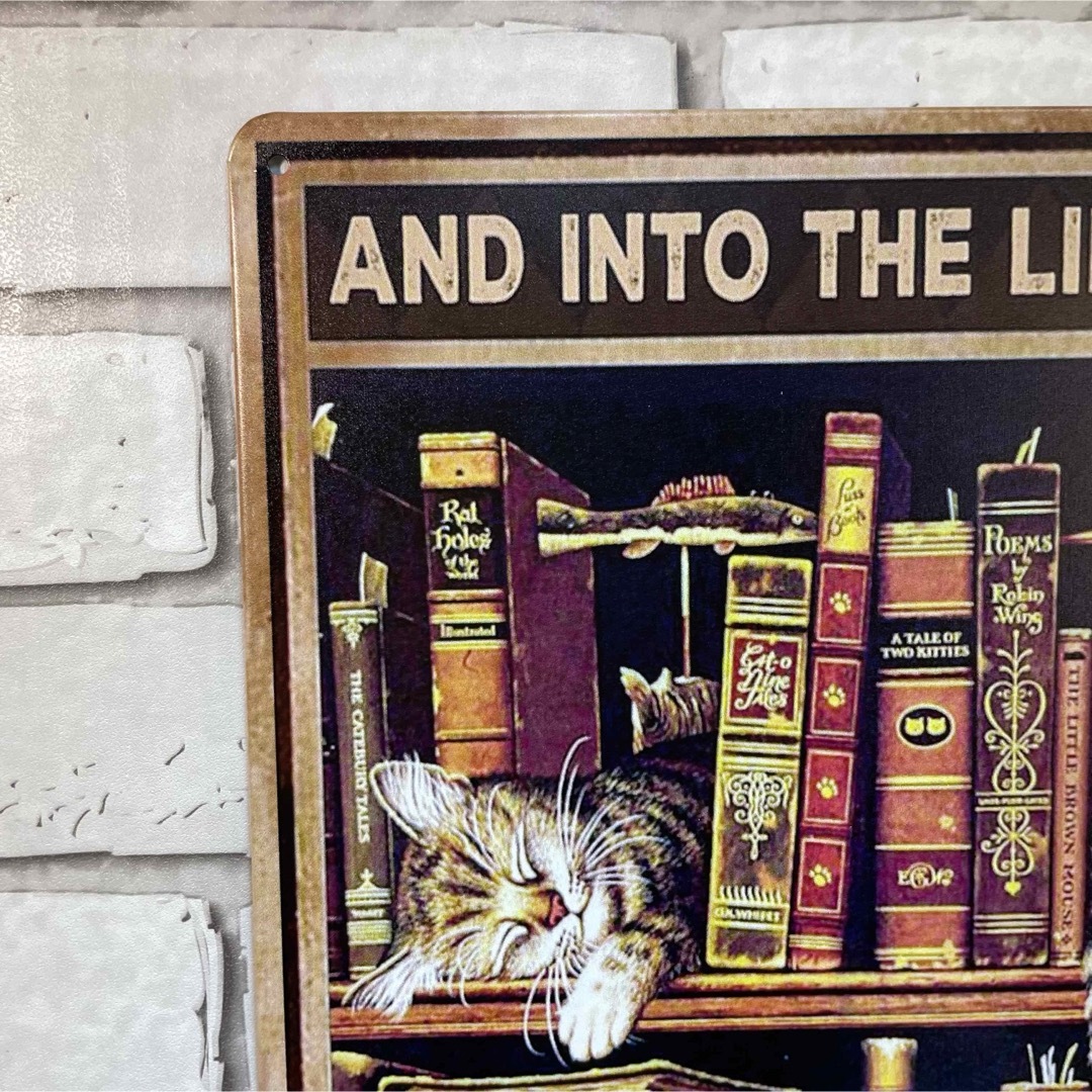【673番】猫　睡眠　本棚　図書館　ネコ　本　お昼寝　ブック　可愛い　ブリキ看板 インテリア/住まい/日用品のインテリア小物(置物)の商品写真