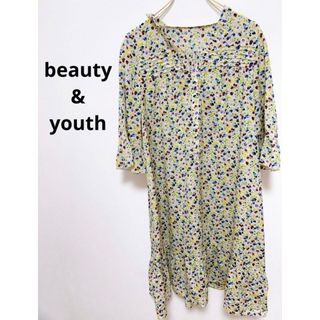 ビューティアンドユースユナイテッドアローズ(BEAUTY&YOUTH UNITED ARROWS)のbeauty & youth ワンピース　7分丈袖　花柄　総柄　Mサイズ　美品(ひざ丈ワンピース)