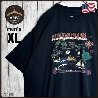 古着アメリカTシャツ半袖メンズXLサイズブラック黒ハワイアンマップゆるだぼUSA(Tシャツ/カットソー(半袖/袖なし))