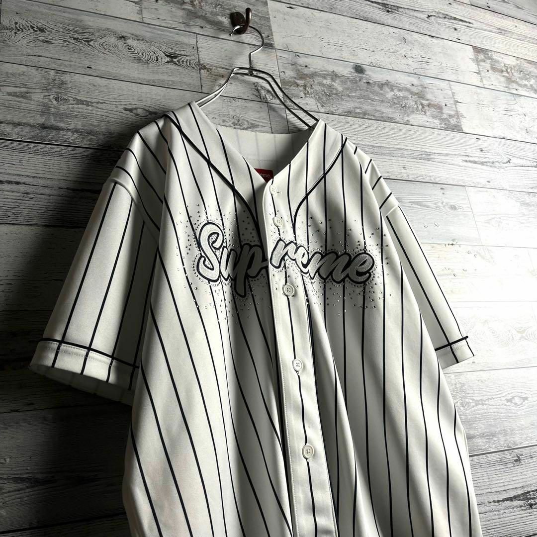 【即完売】シュプリーム☆ ビッグ刺繍ロゴ ラインストーン  ベースボールシャツYstyle