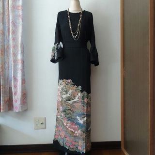 着物リメイクワンピース留袖ドレス花と鶴 落款あり作家物(ロングドレス)