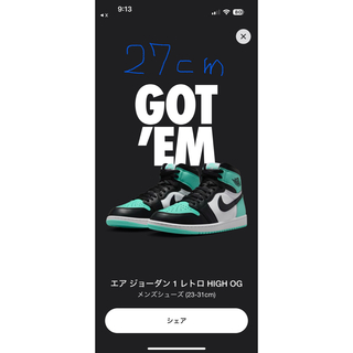 Jordan Brand（NIKE） - Nike Air Jordan 1 High グリーングロー27センチ