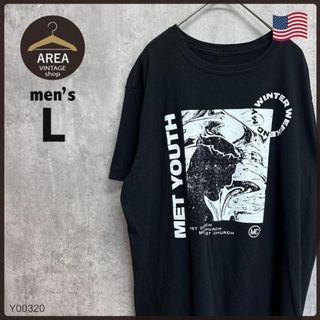 USA Tシャツ半袖メンズ古着Lアメリカブラック黒丸首プリント(Tシャツ/カットソー(半袖/袖なし))