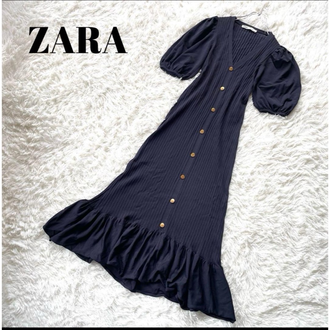 ZARA(ザラ)のZARA ザラ　パフスリーブ　リブニット　フレアロングワンピース　マーメイド　M レディースのワンピース(ロングワンピース/マキシワンピース)の商品写真