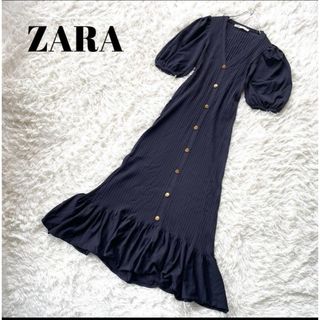 ザラ(ZARA)のZARA ザラ　パフスリーブ　リブニット　フレアロングワンピース　マーメイド　M(ロングワンピース/マキシワンピース)