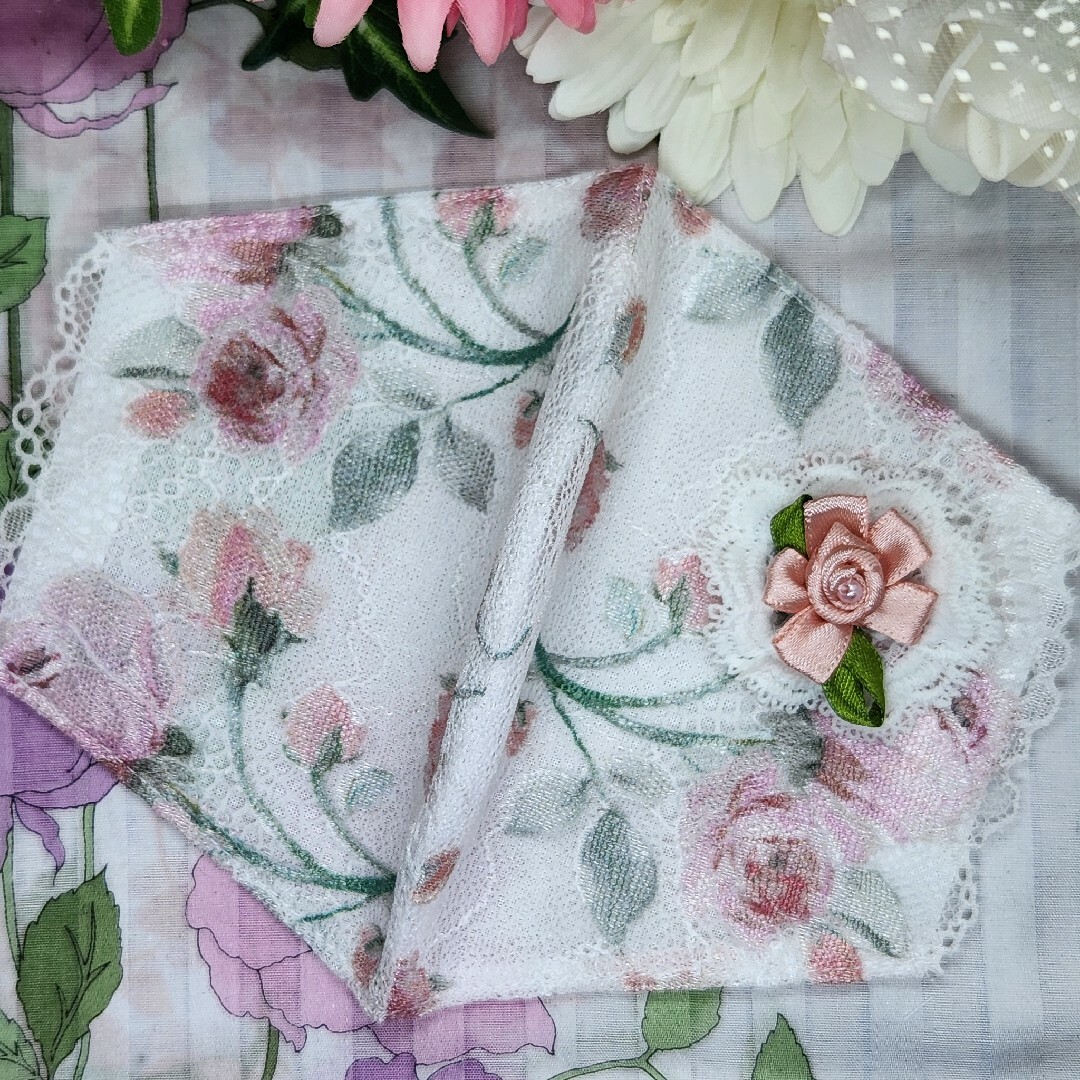 No.S228 レース　pink薔薇×pink薔薇white　マスクカバー ハンドメイドのファッション小物(その他)の商品写真