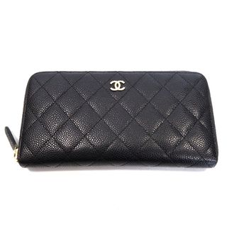 CHANEL - Th960331 シャネル ラウンドファスナー長財布 マトラッセ キャビアスキン ココマーク ブラック/ゴールド金具 CHANEL 中古