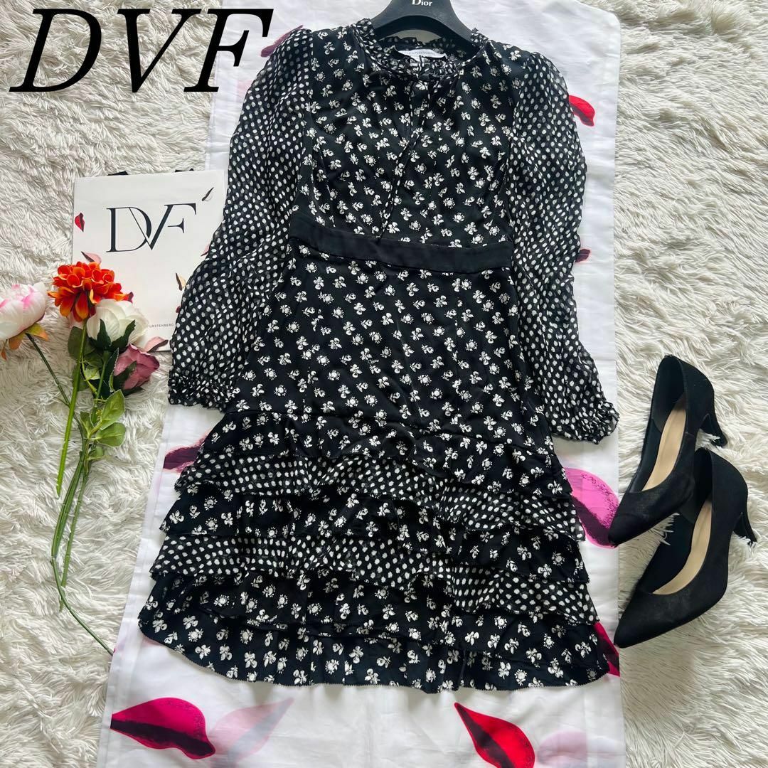 DIANE von FURSTENBERG(ダイアンフォンファステンバーグ)の【美品】DIANEvonFURSTENBERG シフォンワンピース 0 ブラック レディースのワンピース(ひざ丈ワンピース)の商品写真