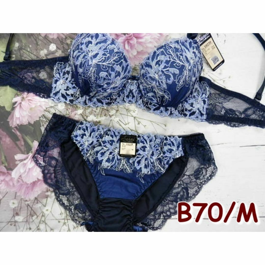 027★B70 M★ブラショーツセット ダイナミックフラワー ラメ 紺 レディースの下着/アンダーウェア(ブラ&ショーツセット)の商品写真