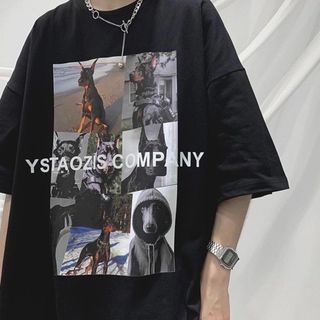 【大人気】半袖 プリント オーバーサイズ メンズ ブラック ストリート 黒 XL(Tシャツ/カットソー(半袖/袖なし))