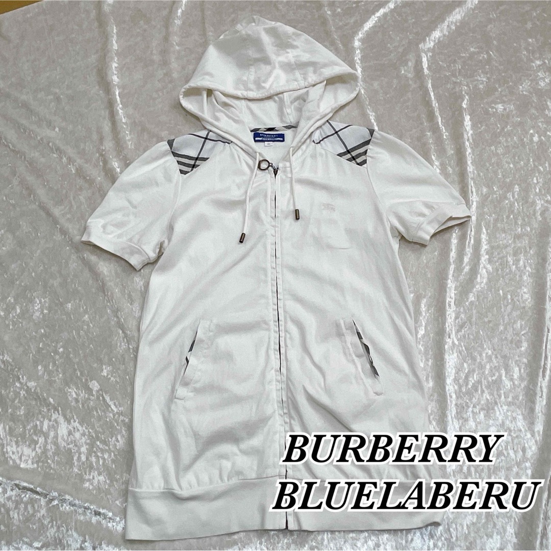 BURBERRY BLUE LABEL(バーバリーブルーレーベル)のバーバリー ロンドン ブルーレーベル 半袖 パーカー 白 チェック 38 M レディースのトップス(パーカー)の商品写真