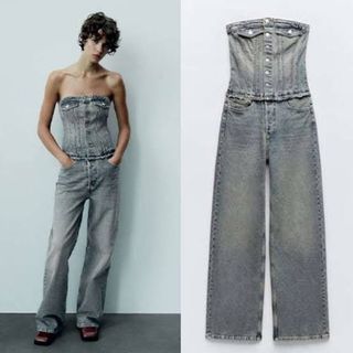 ザラ(ZARA)のZARA オールインワンデニム　オフショルサロペット　TRF　ベアトップ(サロペット/オーバーオール)