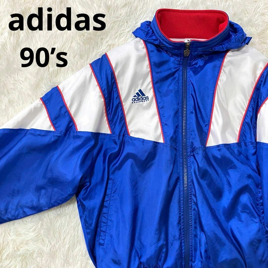 adidas(アディダス)のadidas ナイロンジャケット トラックジャケット L 青 白 赤 90s メンズのジャケット/アウター(ナイロンジャケット)の商品写真