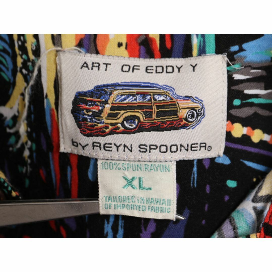 90s ハワイ製 EDDY Y by REYN SPOONER レーヨン 半袖 アロハ シャツ メンズ XL 古着 90年代 オールド レインスプーナー ハワイアン 総柄 黒 メンズのトップス(シャツ)の商品写真