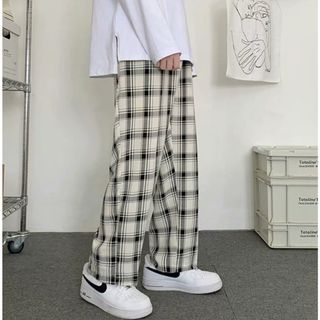 【新品】　カジュアルパンツ　ワイドパンツ　チェック　大きめ　白　黒　L　メンズ(スラックス)