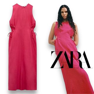 ZARA - タグ付き★ザラ サイドカット ワンピース レーヨン リネン ロング ピンク L