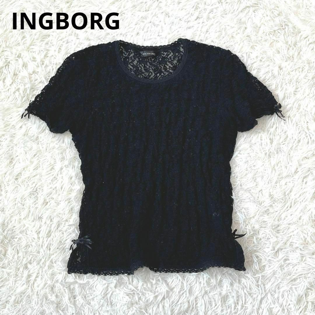 INGEBORG(インゲボルグ)のINGBORG インゲボルグ　レース　花柄　Tシャツ　ブラック　M レディースのトップス(Tシャツ(半袖/袖なし))の商品写真