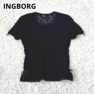 インゲボルグ(INGEBORG)のINGBORG インゲボルグ　レース　花柄　Tシャツ　ブラック　M(Tシャツ(半袖/袖なし))