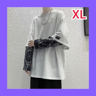 メンズ Tシャツ 白 XL 長袖 ゆったり 重ね着風(Tシャツ/カットソー(七分/長袖))