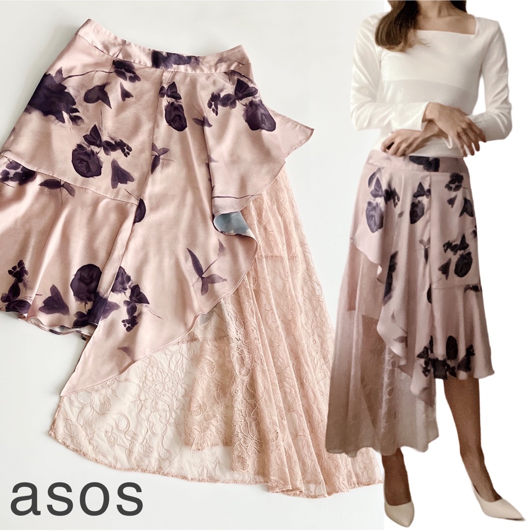 asos(エイソス)のasos美ライン花柄マーメイドスカート レース異素材ドッキングとろみ大きいサイズ レディースのスカート(ロングスカート)の商品写真