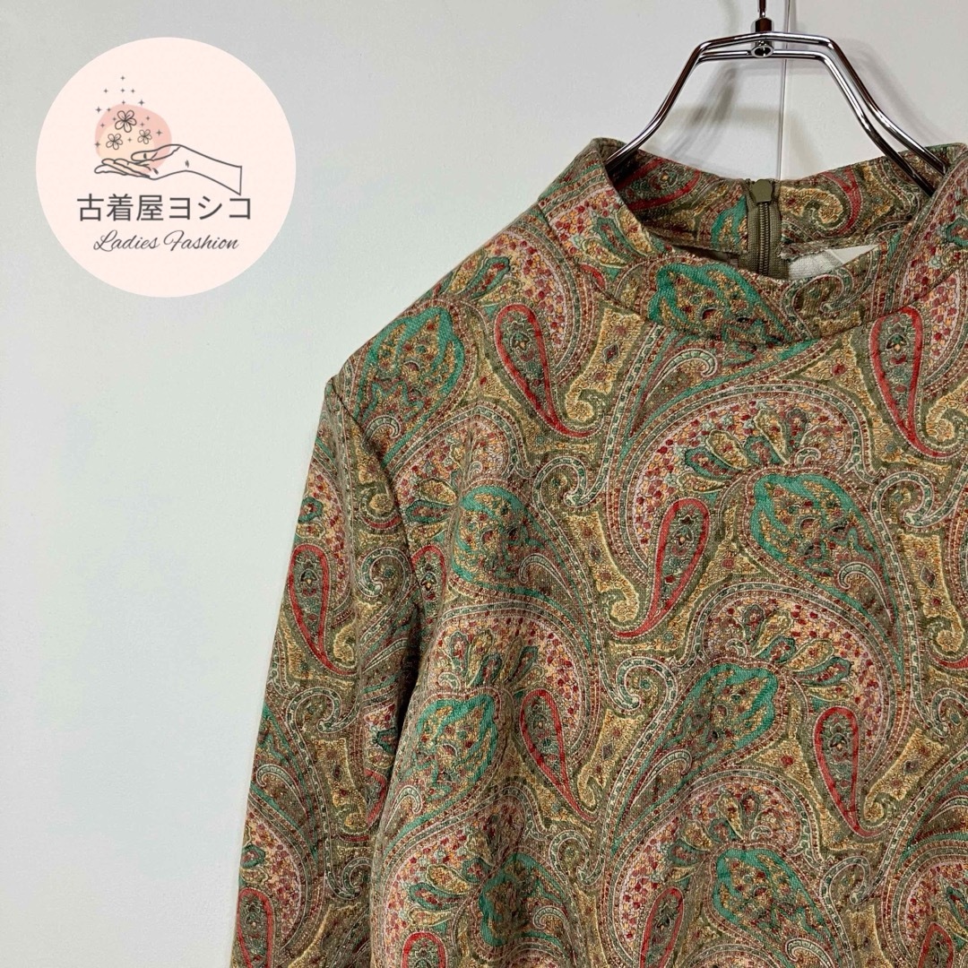 【長袖Tシャツ　ペイズリーデザイン　ジップ　ラビットウール混　古着】 レディースのトップス(Tシャツ(長袖/七分))の商品写真