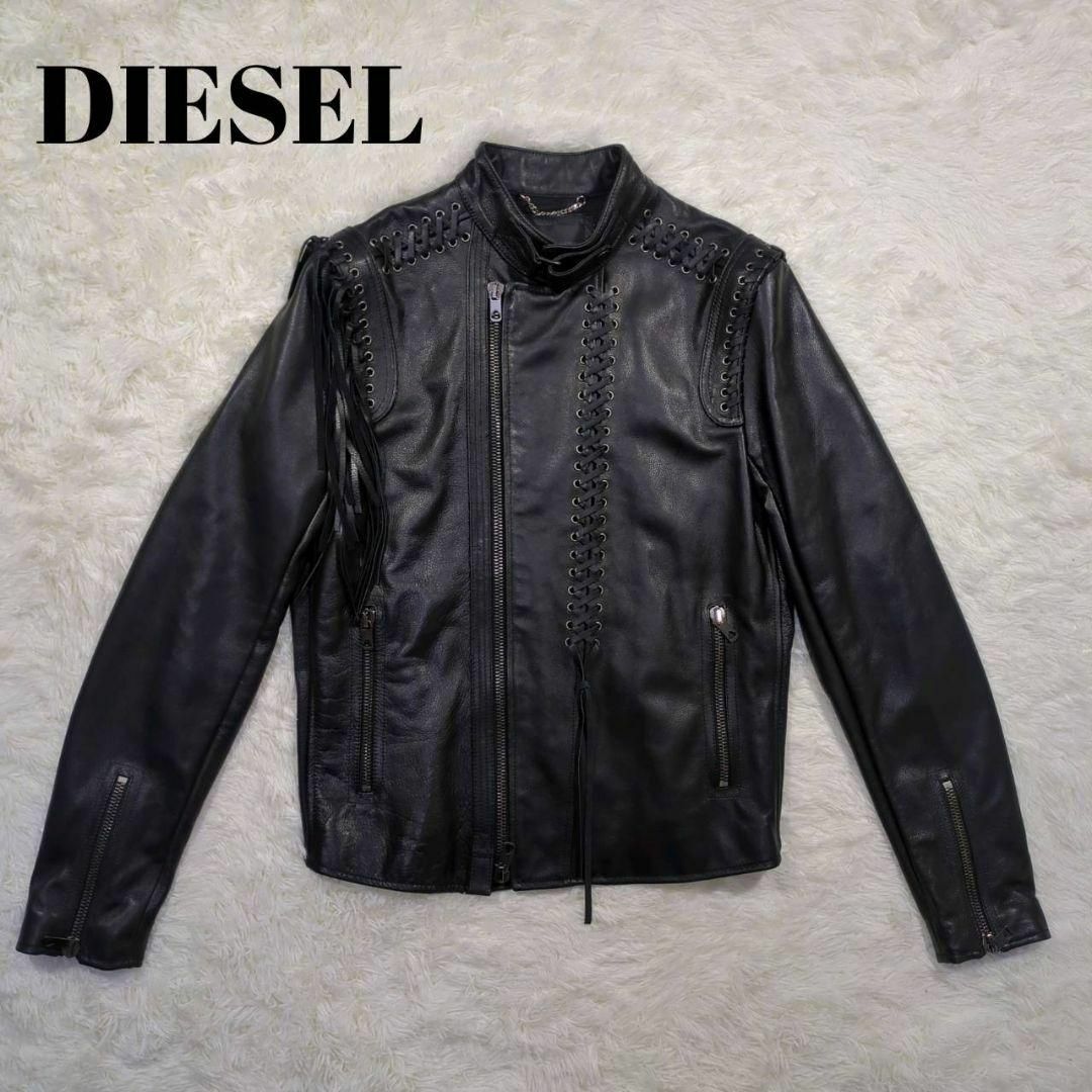 DIESEL BLACK GOLD(ディーゼルブラックゴールド)のBLACK GOLD レザー ライダースジャケットフリンジ サイズ40 ブラック メンズのジャケット/アウター(レザージャケット)の商品写真