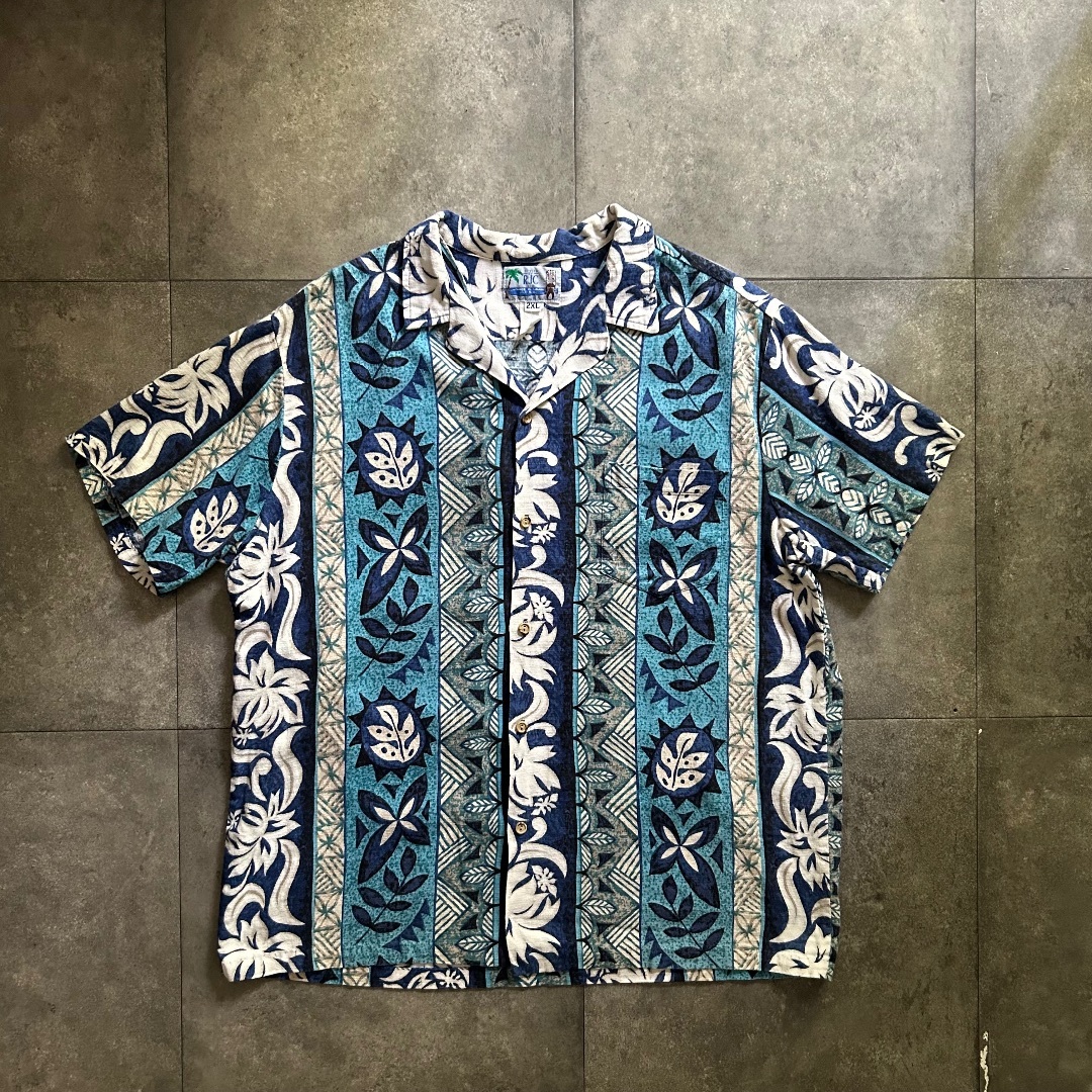 70s RJC コットンアロハ ハワイ製 2XL ホワイト×ブルー メンズのトップス(Tシャツ/カットソー(半袖/袖なし))の商品写真