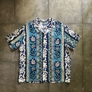 70s RJC コットンアロハ ハワイ製 2XL ホワイト×ブルー(Tシャツ/カットソー(半袖/袖なし))