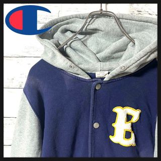 チャンピオン(Champion)の【色落ち商品】チャンピオン　ネイビーパーカー　ビッグ刺繍ロゴ　L  A474(Tシャツ/カットソー(七分/長袖))