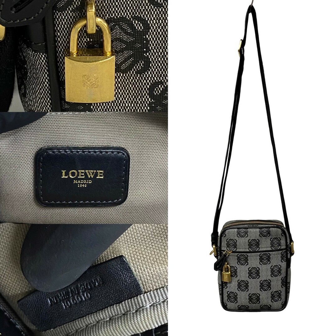 LOEWE(ロエベ)の極 美品 希少品 袋付き LOEWE ロエベ アナグラム ロゴ 総柄 レザー ミニ ショルダーバッグ ポシェット サコッシュ ブラック 21304 レディースのバッグ(ショルダーバッグ)の商品写真