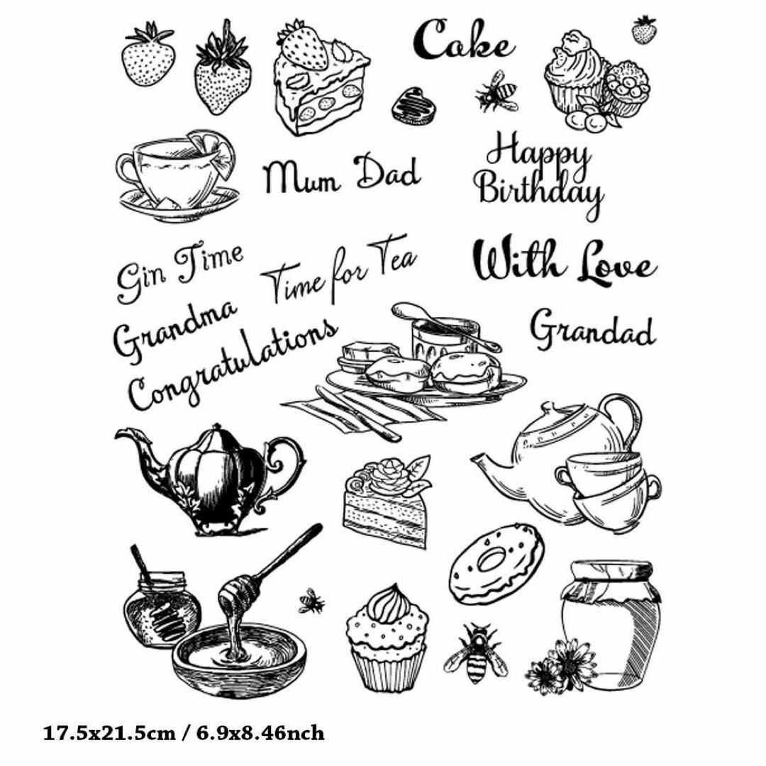 クリアスタンプカフェセットケーキ苺ティーカップ英字はちみつ英国フランスイギリス春 ハンドメイドの文具/ステーショナリー(はんこ)の商品写真