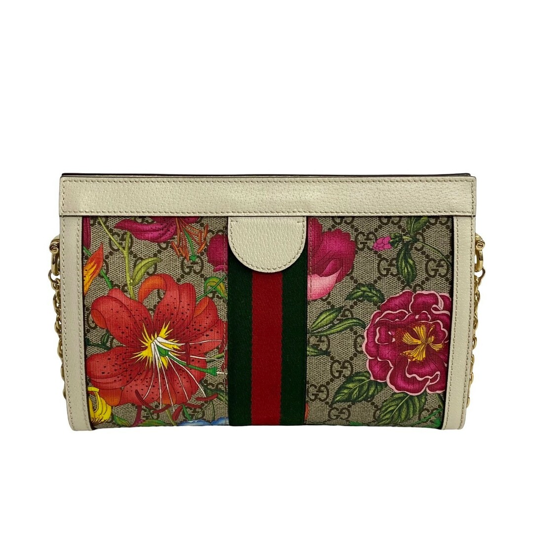 Gucci(グッチ)のほぼ未使用 GUCCI グッチ オフィディア フローラ チェーン ショルダー シェリーライン レザー ショルダーバッグ ブラウン ホワイト 23995 レディースのバッグ(ショルダーバッグ)の商品写真