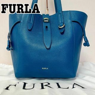 FURLA レザー トートバッグ NET ブルー　大容量　ゴールド　ターンロック