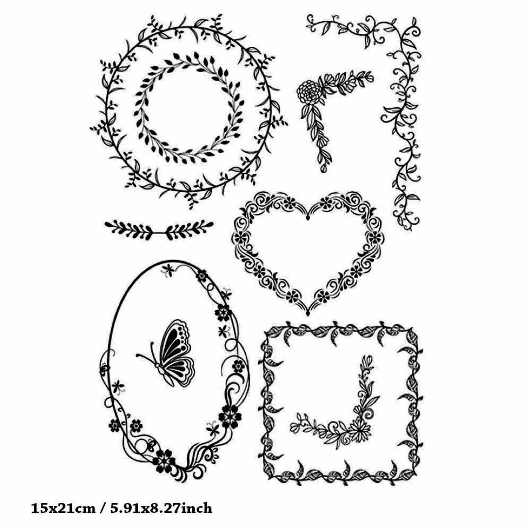 クリアスタンプ花フラワーハート蝶々春囲み枠エレガント豪華アンティーク風海外上品春 ハンドメイドの文具/ステーショナリー(はんこ)の商品写真