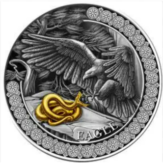 2023年ガーナ　野生の狩：イーグル アンティーク風・金メッキ付　50g銀貨(貨幣)
