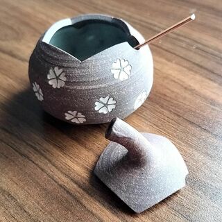 京都 清水焼 桜 七味家 陶器 フタ 竹さじ 薬味入れ(その他)