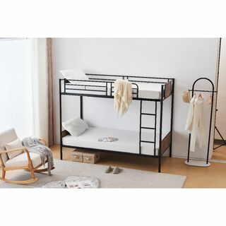 ブラック二段ベッド シングルベッド パイプベッド シングル 木 収納(ロフトベッド/システムベッド)