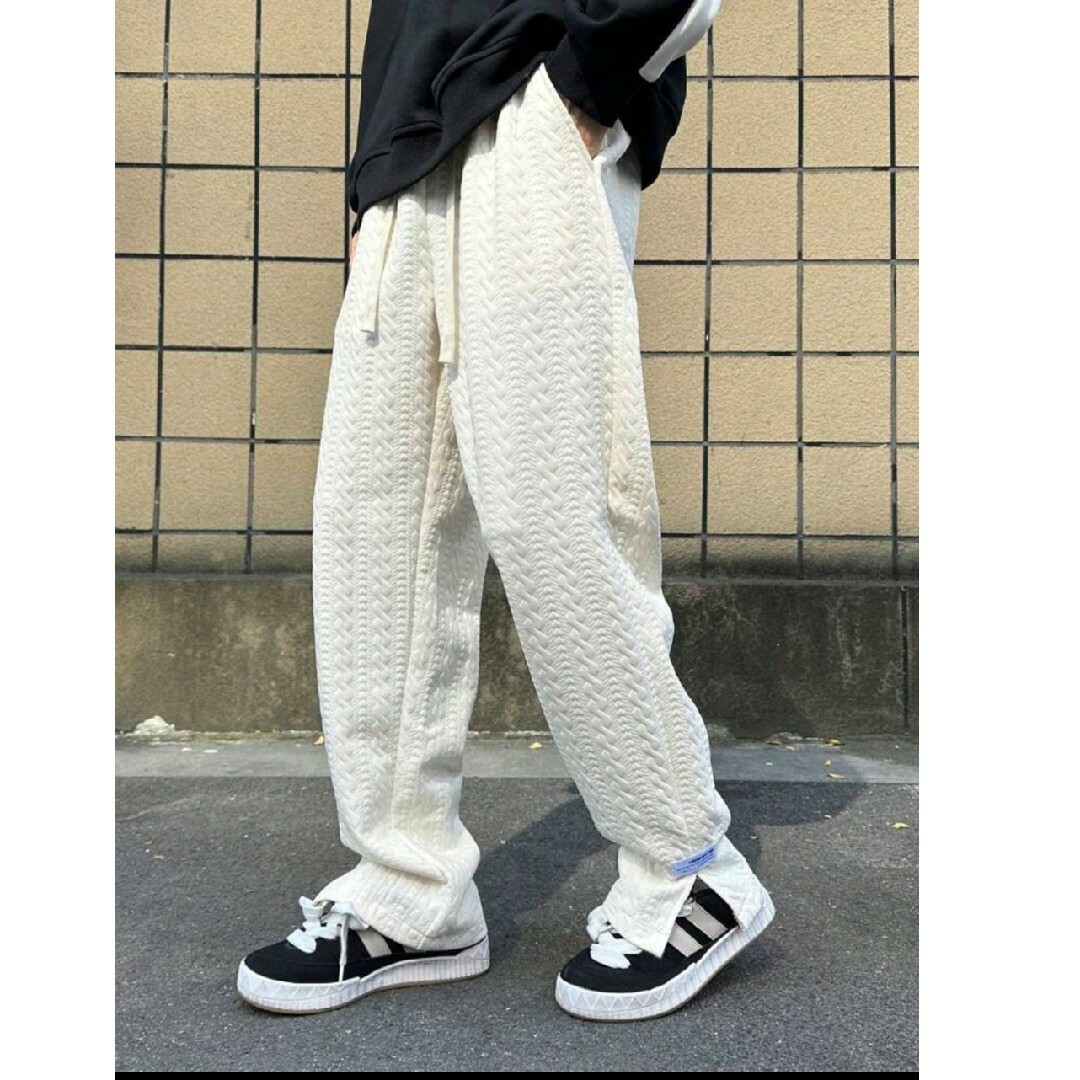 編み込み風 スウェットパンツ ロング XL オフホワイト メンズのパンツ(その他)の商品写真