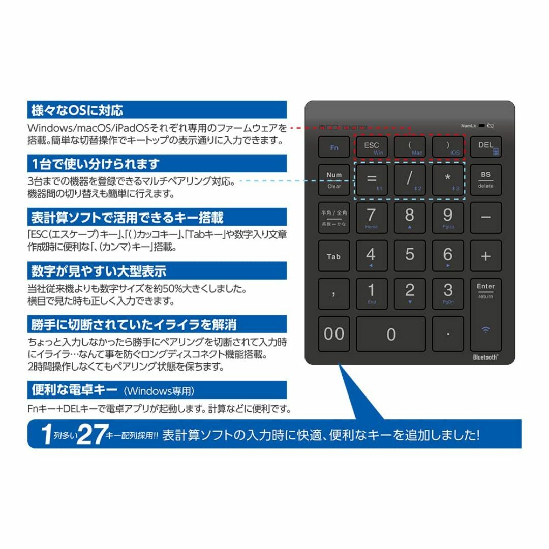 ミヨシ MCO テンキー ワイヤレス Bluetooth接続 5列 27キー W スマホ/家電/カメラのPC/タブレット(PC周辺機器)の商品写真