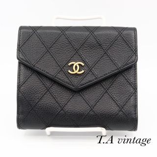 シャネル(CHANEL)の美品！シャネル　キャビアスキン　ビコローレ　Wホック　折り財布　ブラック(財布)