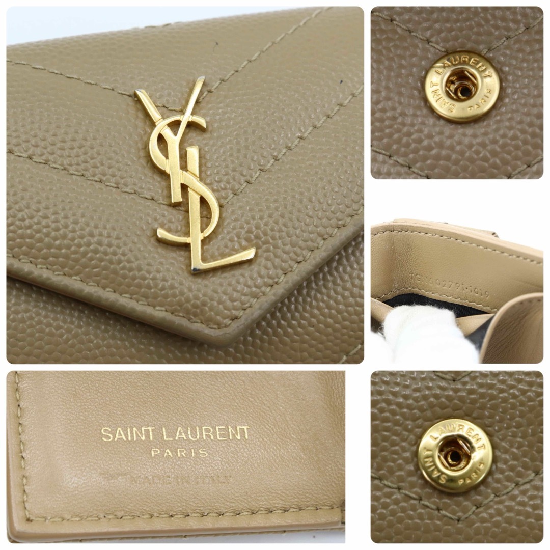 Saint Laurent(サンローラン)の美品！サンローラン　パリ　Vステッチ　コンパクト　折り財布　ベージュ レディースのファッション小物(財布)の商品写真