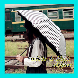 【匿名配送】ＵＶカット 折り畳み傘 白黒ストライプ 晴雨兼用(傘)