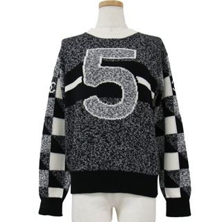 美品 CHANEL シャネル ニット カシミヤ ブラック ホワイト 36(S) ココマーク No.5 クルーネック 模様編み メランジ P73214 K10523 トップス セーター イタリア製【レディース】【中古】