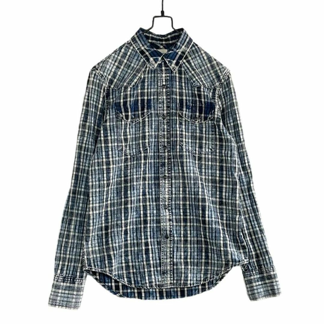 GAP(ギャップ)の長袖デニムチェックウエスタンシャツ 加工 ディストレスト XS ウォッシュブルー メンズのトップス(シャツ)の商品写真