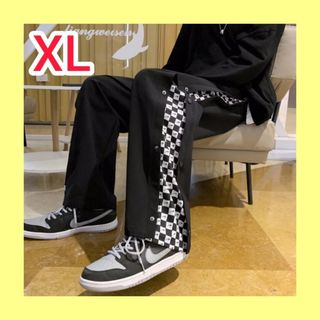 メンズ パンツ 黒 XL ストレート ワイド サイド柄