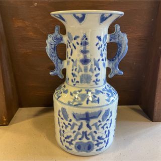 骨董　陶磁器　花瓶　双龍耳　青染草花　染付絵図(花瓶)