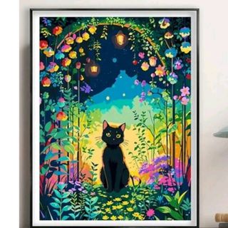 ダイヤモンドアート20×30 可愛い黒猫と夜景　花畑　ライトアップ　小猫(その他)