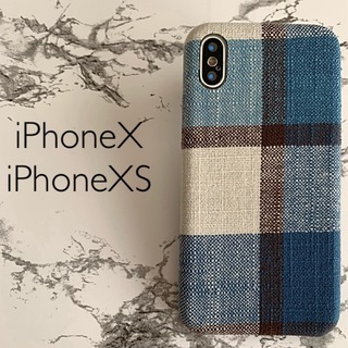 iPhoneX/iPhoneXS専用 ケースカバー チェックブルー(iPhoneケース)