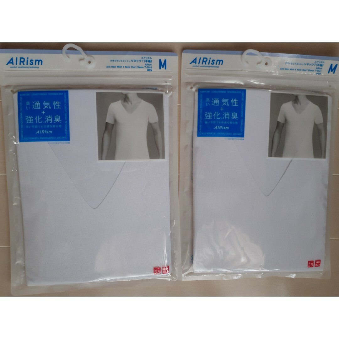 UNIQLO(ユニクロ)のユニクロ　エアリズム　M　デオドラントメッシュ　Vネック　白　半袖 ２枚セット メンズのトップス(Tシャツ/カットソー(半袖/袖なし))の商品写真