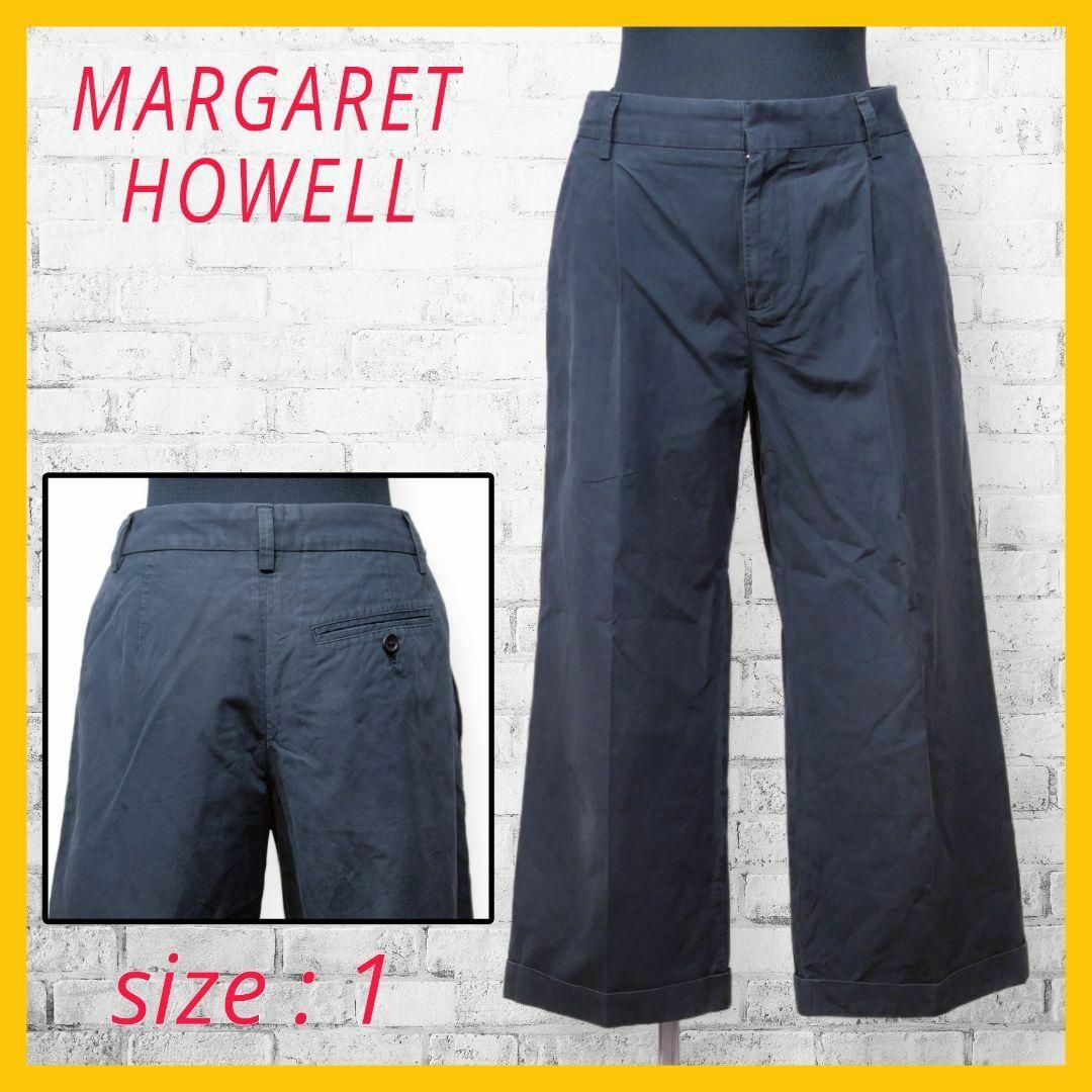 MARGARET HOWELL(マーガレットハウエル)の美品 マーガレットハウエル ワイド タック パンツ クロップド M 1 ブラック レディースのパンツ(クロップドパンツ)の商品写真